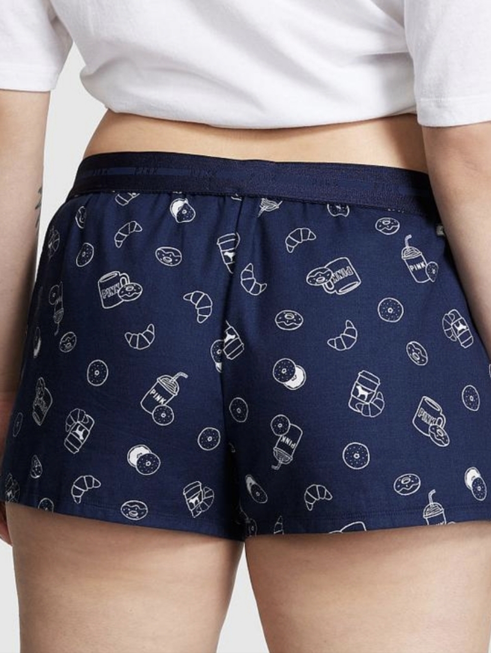 Victoria's Secret PINK Cotton Sleep Shorts Navy Coffee Donut Print Pajama Size M